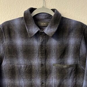AMIRI Leather Appliqued Plaid Wool Blend Shirt